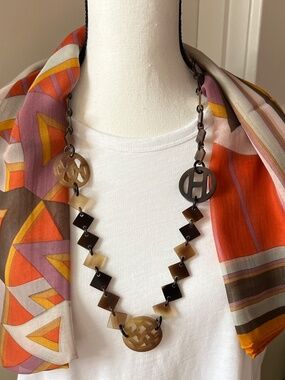 Preloved HERMES authentic Buffalo Horn LENA necklace Brown Natural 30 inches